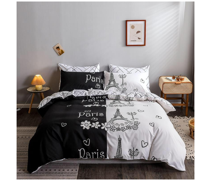  Paris Design 6 Pcs Cotton Double Size Bed sheet with Quilt Cover and Pillow Case - White and Black - Zoom Image 2