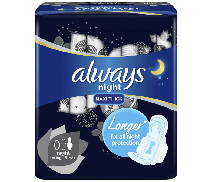 Always Clean and Dry Maxi Thick 8 Count Night Sanitary Pads with Wings  - Zoom Image 1