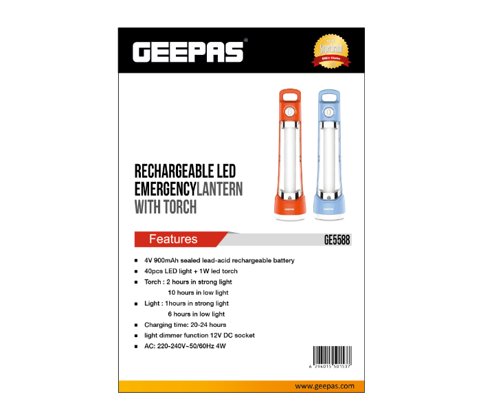 Geepas GE5588 40 LED Rechargeable Emergency Lantern with Torch - Blue - Zoom Image 2