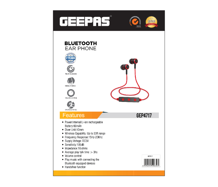 Geepas GEP4717 Bluetooth Earphone - Red - Zoom Image 2