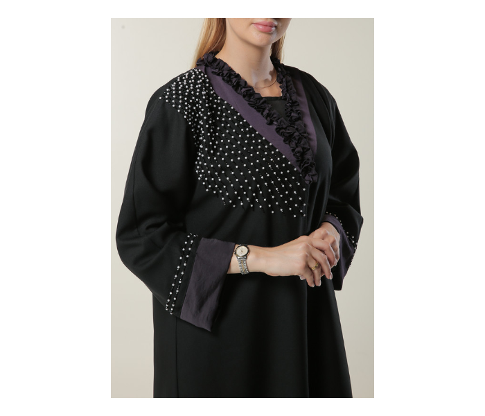 Moistreet Extra Small Black Abaya with Pleated Collar and Hand Embroidery - Zoom Image 4