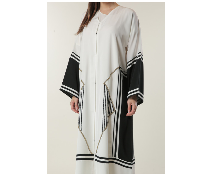 Moistreet Medium White Abaya with Black Stripes and Golden Handwork - Zoom Image 4