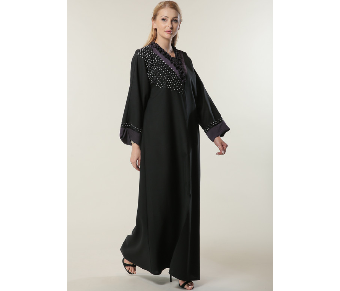 Moistreet Double XL Black Abaya with Pleated Collar and Hand Embroidery - Zoom Image 2