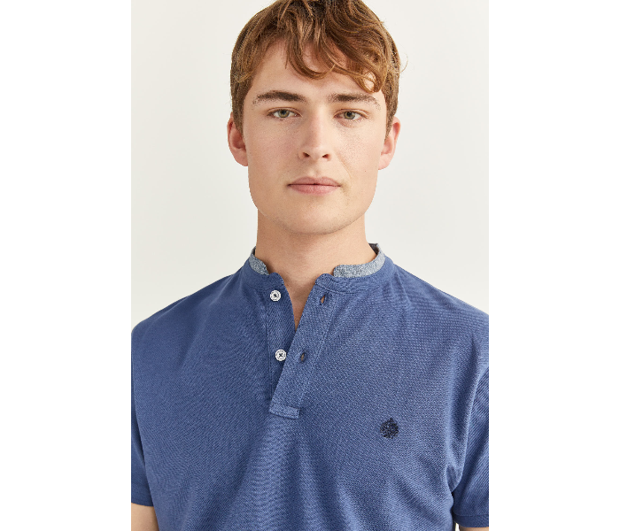 Springfield SS20 Basic Solid Slim Fit Polo T-Shirt With Double Mandarin Collar Large For Men – Medium Blue - Zoom Image 2