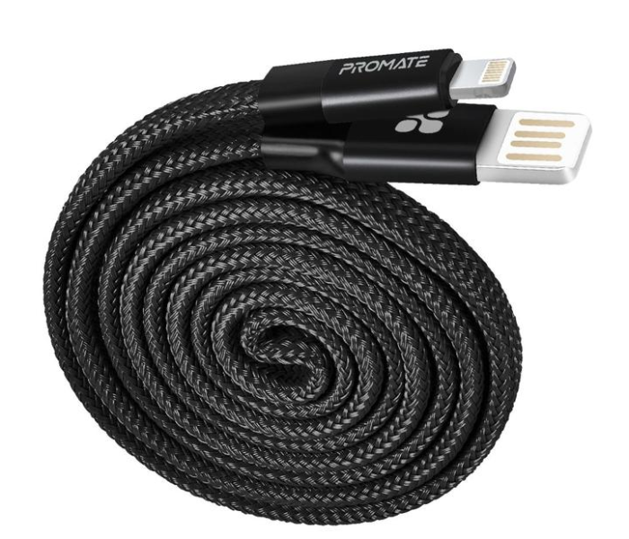 Promate Aluminum Reversible USB-A To Lightning Cable Auto Rolling High Durable Fabric 1M - Black - Zoom Image 1