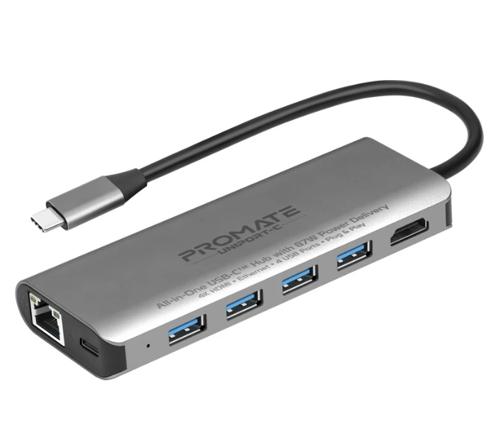 Promate All In One USB-C HUB With 87W Power Delivery 4K HDMI RJ45 Ethernet Port 4USB Ports - Black and Silver - Zoom Image 1