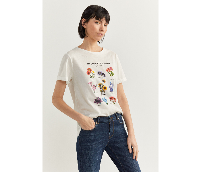 Springfield SS20 Short Sleeve T-Shirt With Flowers Design Small For Women - White - Zoom Image 1