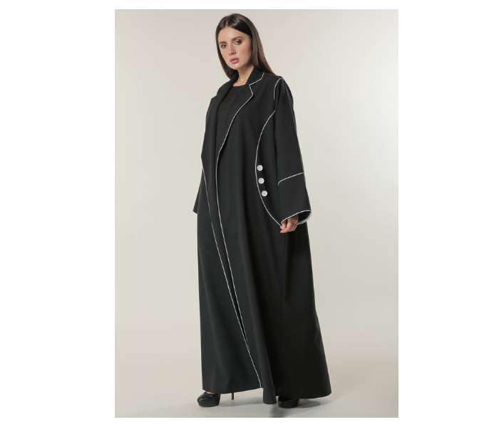 Moistreet Large Black Abaya with White Pipin and Buttons Detailing - Zoom Image 1