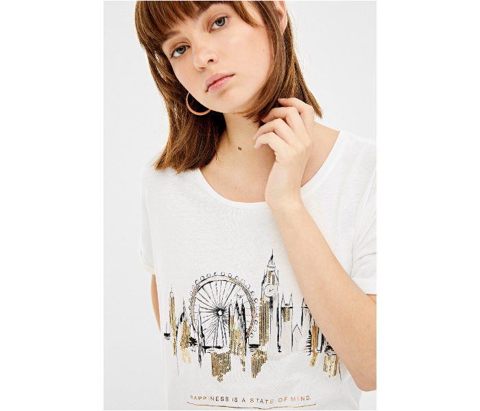 Springfield AW19 Short Sleeve Fancy T-Shirt Large For Women - White And Beige - Zoom Image 4