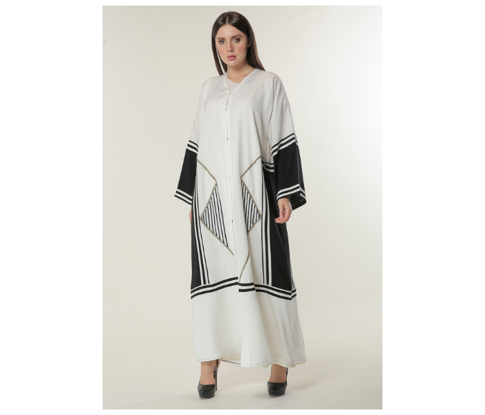 Moistreet Medium White Abaya with Black Stripes and Golden Handwork - Zoom Image 1