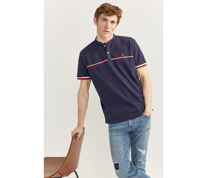 Springfield SS20 Basic Solid Slim Fit Polo T-Shirt With Double Mandarin Collar XXX-Large For Men – Navy Blue - Zoom Image 1