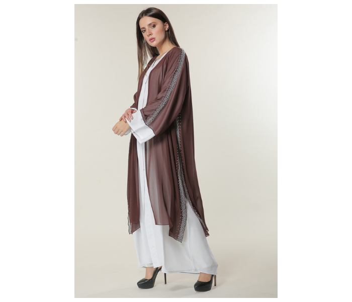 Moistreet Double XL White and Brown Hand Embroidered Abaya - Zoom Image 1