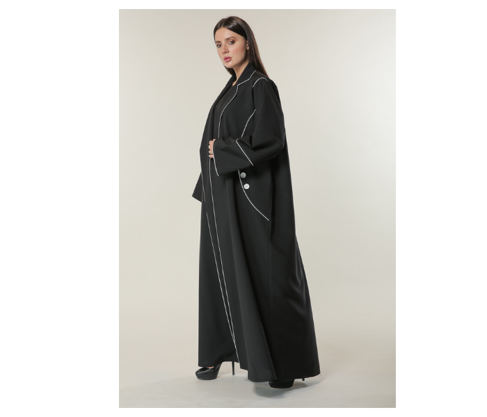 Moistreet Double XL Black Abaya with White Pipin and Buttons Detailing - Zoom Image 2