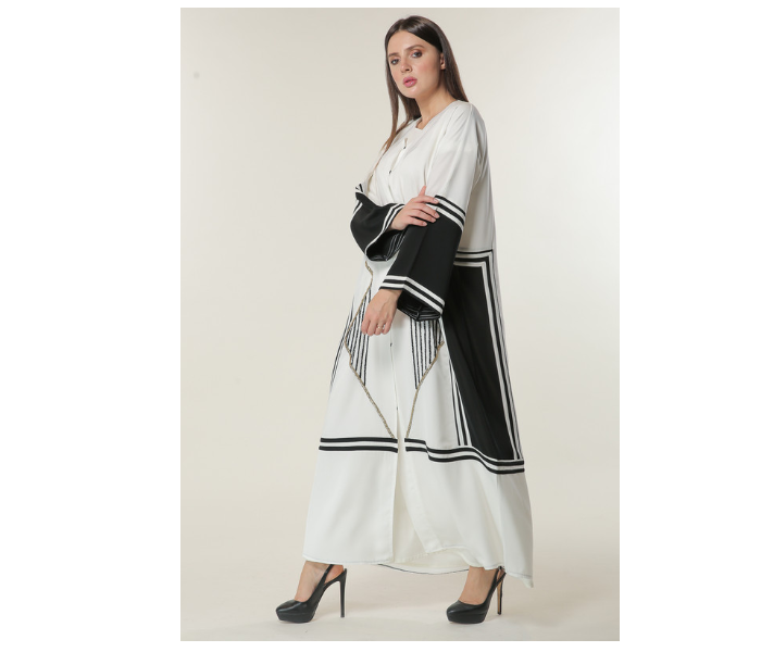 Moistreet Double XL White Abaya with Black Stripes and Golden Handwork - Zoom Image 2