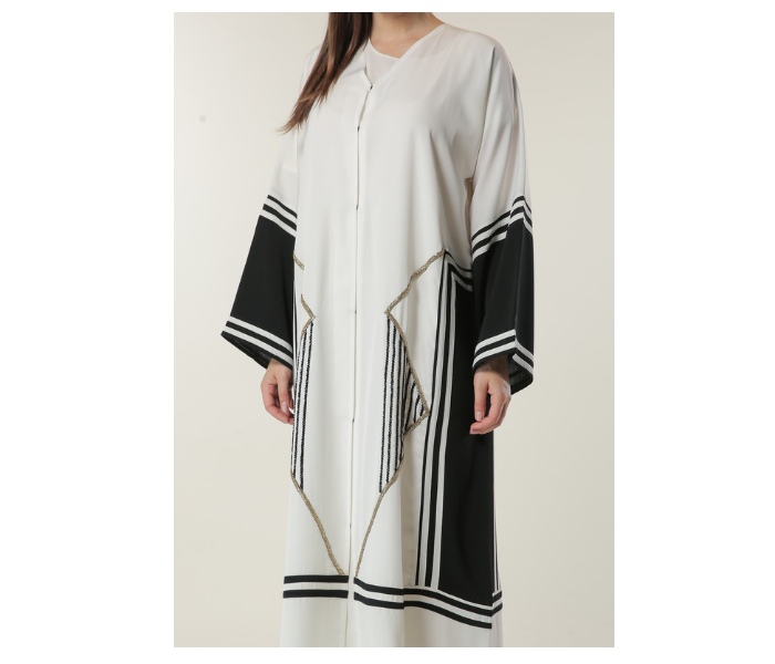 Moistreet Large White Abaya with Black Stripes and Golden Handwork - Zoom Image 3