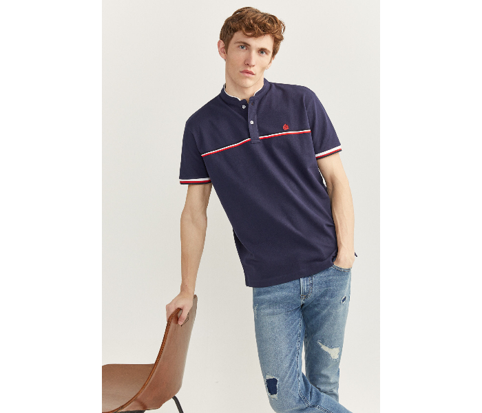 Springfield SS20 Basic Solid Slim Fit Polo T-Shirt With Double Mandarin Collar Medium For Men – Navy Blue - Zoom Image 1