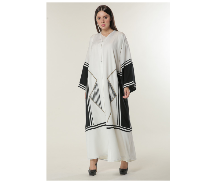 Moistreet Large White Abaya with Black Stripes and Golden Handwork - Zoom Image 1