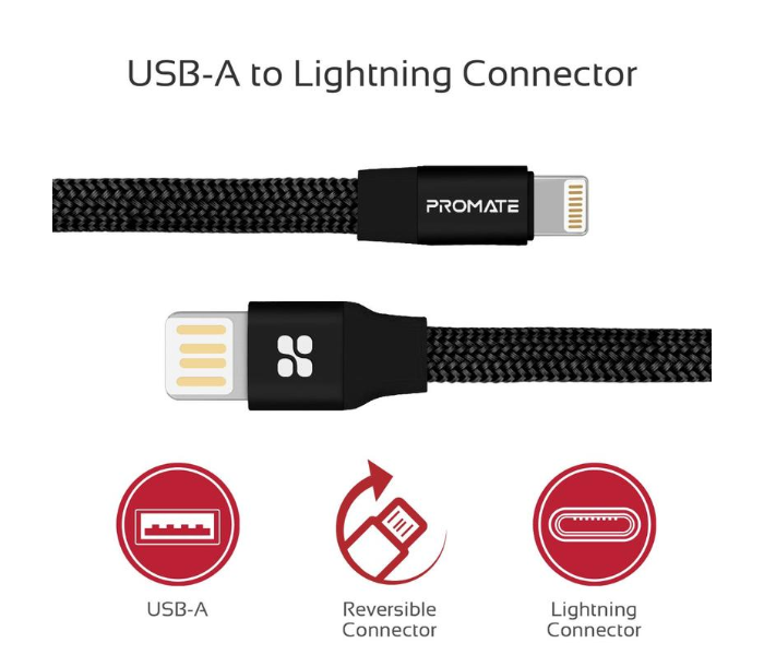 Promate Aluminum Reversible USB-A To Lightning Cable Auto Rolling High Durable Fabric 1M - Black - Zoom Image 3