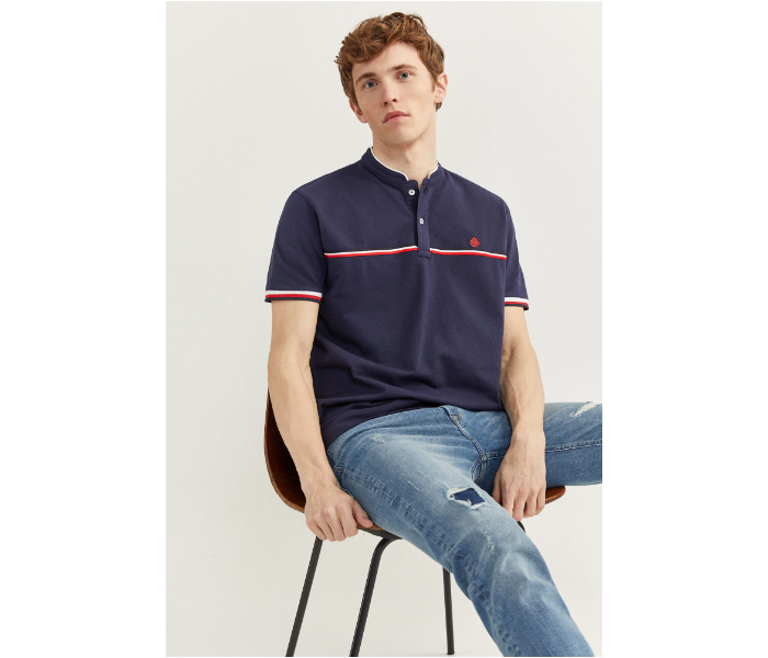 Springfield SS20 Basic Solid Slim Fit Polo T-Shirt With Double Mandarin Collar Medium For Men – Navy Blue - Zoom Image 3