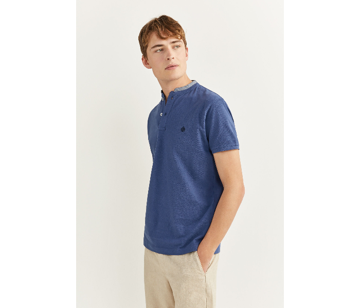 Springfield SS20 Basic Solid Slim Fit Polo T-Shirt With Double Mandarin Collar Large For Men – Medium Blue - Zoom Image 1