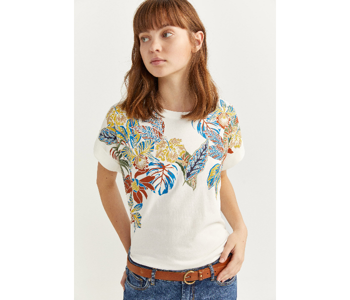 Springfield Short Sleeve Printed T-Shirt Medium For Women - Beige - Zoom Image 1