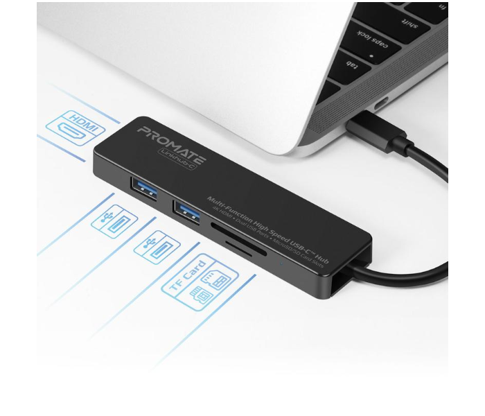 Promate Multi-Function High-Speed USB-C Hub 4K HDMI MicroSD SD Card Slot - Black - Zoom Image 2