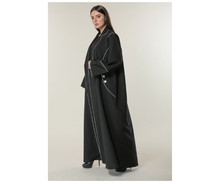 Moistreet Medium Black Abaya with White Pipin and Buttons Detailing - Zoom Image 2