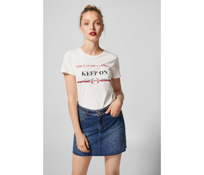 Springfield AW18 Short Sleeve Printed T-Shirt X-Small For Women - Cream - Zoom Image 1