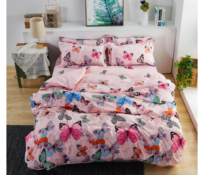 Butterfly Design 6 Pieces High Quality Cotton Double Size Bed Sheet with Quilt Cover and Pillow Case – Pink - Zoom Image 2