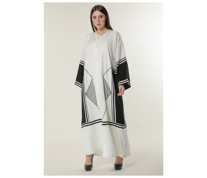 Moistreet Extra Large White Abaya with Black Stripes and Golden Handwork - Zoom Image 2