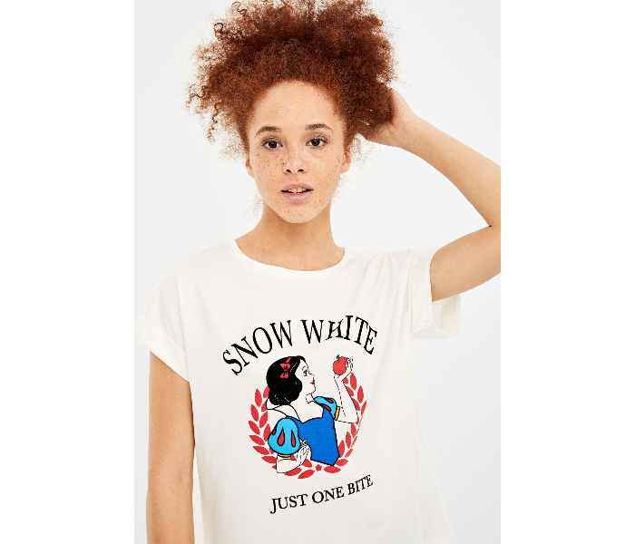 Springfield Short Sleeve Snow White Printed T-Shirt Large For Women - White - Zoom Image 1