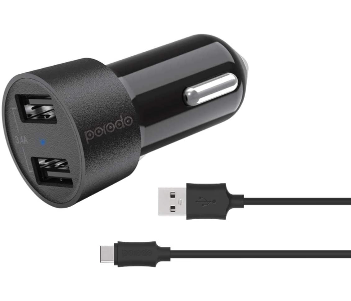 Porodo 3.4A Dual USB Car Charger with 1.2Meter Type-C Cable - Black - Zoom Image