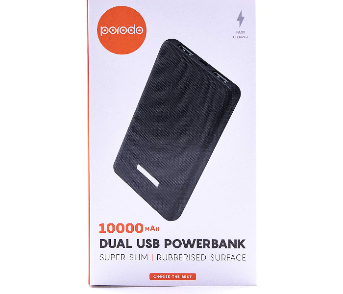 Porodo Rubberised Surface Dual USB 10000mAh Power Bank - Black - Zoom Image 2