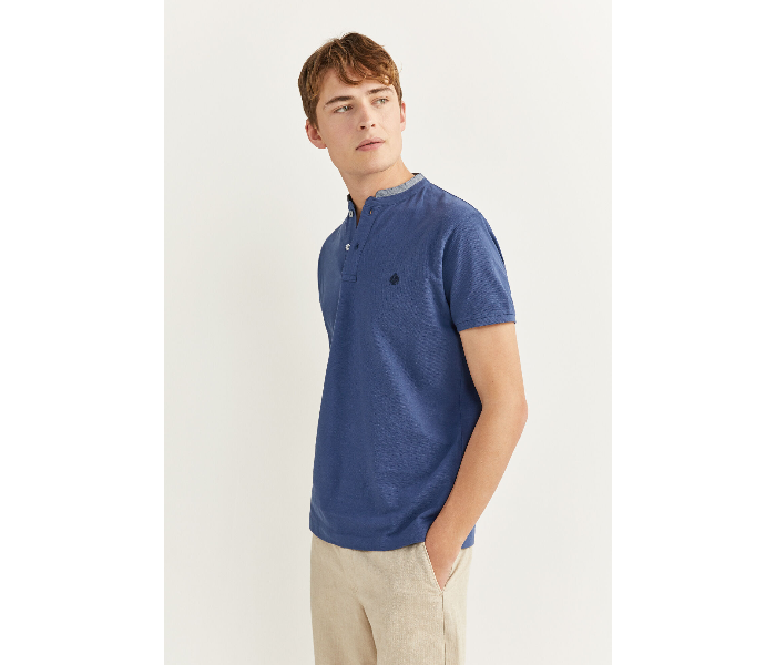 Springfield SS20 Basic Solid Slim Fit Polo T-Shirt With Double Mandarin Collar X-Small For Men – Medium Blue - Zoom Image 1