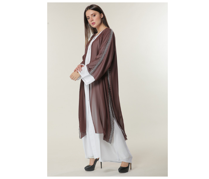 Moistreet Medium White and Brown Hand Embroidered Abaya - Zoom Image 1