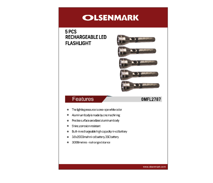 Olsenmark OMFL2787 5 Pieces Rechargeable LED Flashlight - Bronze - Zoom Image 2