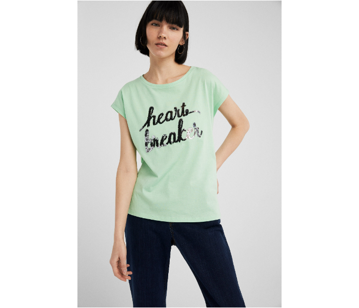 Springfield AW19 Short Sleeve Fancy T-Shirt Medium For Women - Light Green - Zoom Image 1