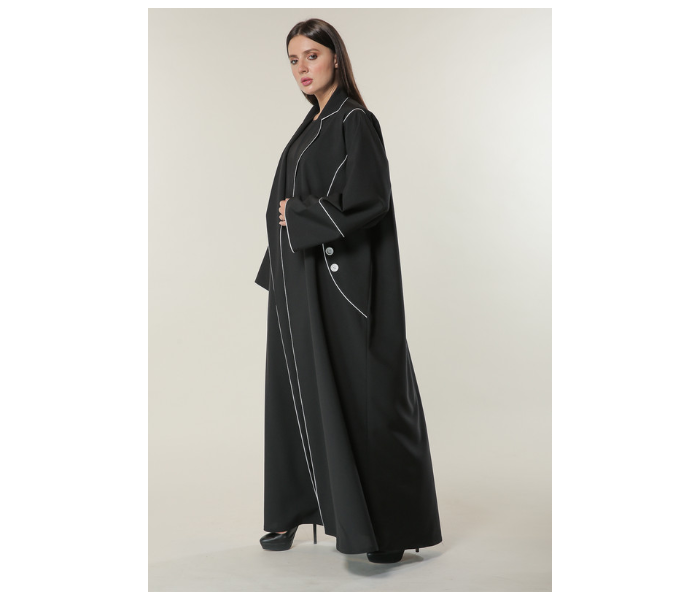 Moistreet Large Black Abaya with White Pipin and Buttons Detailing - Zoom Image 2