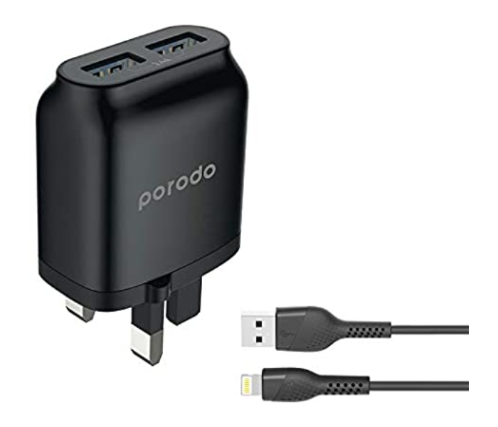 Porodo 2.4A Dual Port Fast Charging Wall Charger with Micro USB Cable - Black - Zoom Image