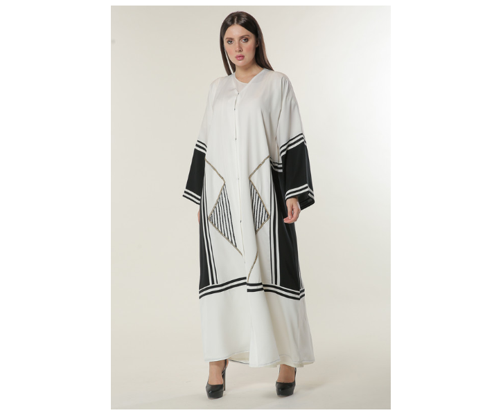 Moistreet Double XL White Abaya with Black Stripes and Golden Handwork - Zoom Image 1