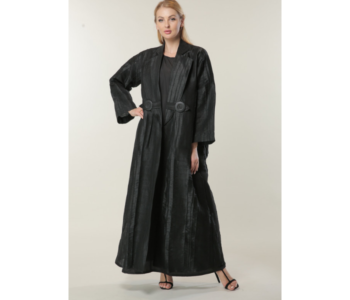 Moistreet Large Jaquard Coat Style Abaya - Black - Zoom Image 1