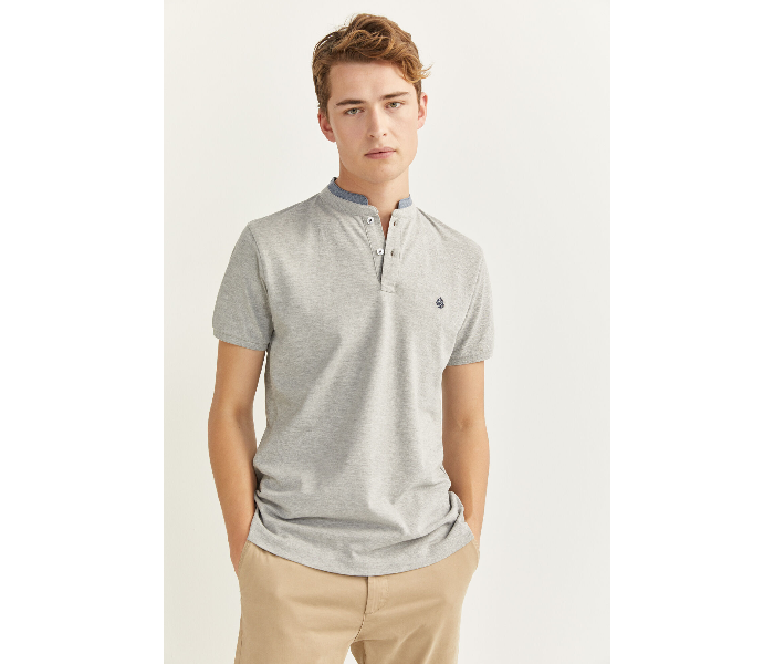 Springfield SS20 Basic Solid Slim Fit Polo T-Shirt With Double Mandarin Collar Medium For Men – Light Grey - Zoom Image 2