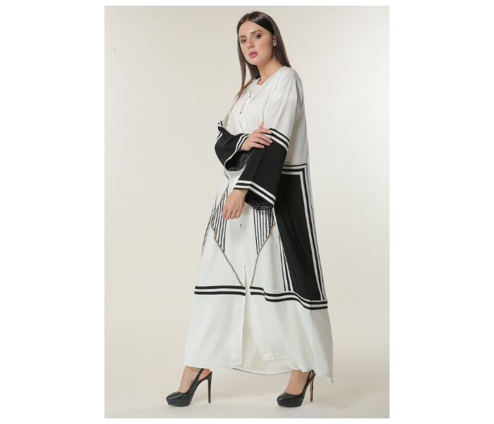 Moistreet Extra Small White Abaya with Black Stripes and Golden Handwork - Zoom Image 2