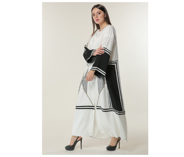 Moistreet Small White Abaya with Black Stripes and Golden Handwork - Zoom Image 2