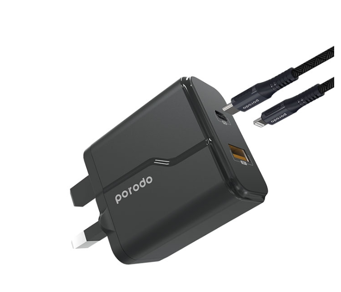 Porodo 18W Power Delivery and Quick Charge Wall Charger with Braided Type-C to Lightning Cable - Black - Zoom Image 1