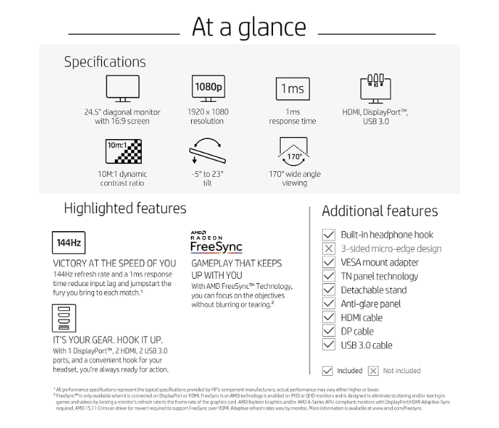 HP Omen 25 Inch FHD Gaming Monitor with Tilt Adjustment and AMD Freesync Technology - Black - Zoom Image 5