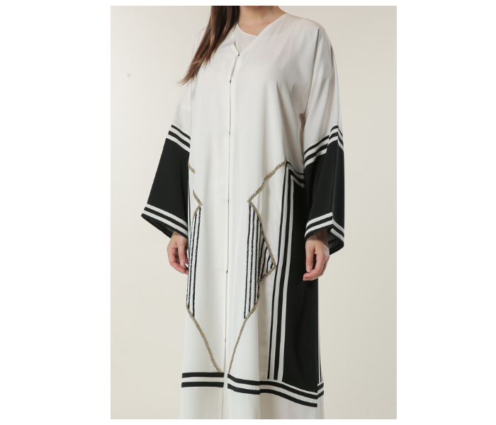 Moistreet Double XL White Abaya with Black Stripes and Golden Handwork - Zoom Image 3