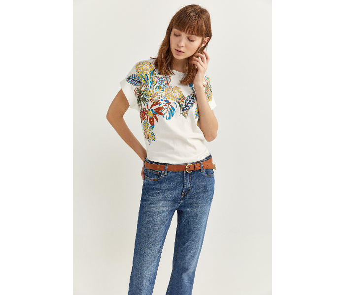 Springfield Short Sleeve Printed T-Shirt X-Small For Women - Beige - Zoom Image 3