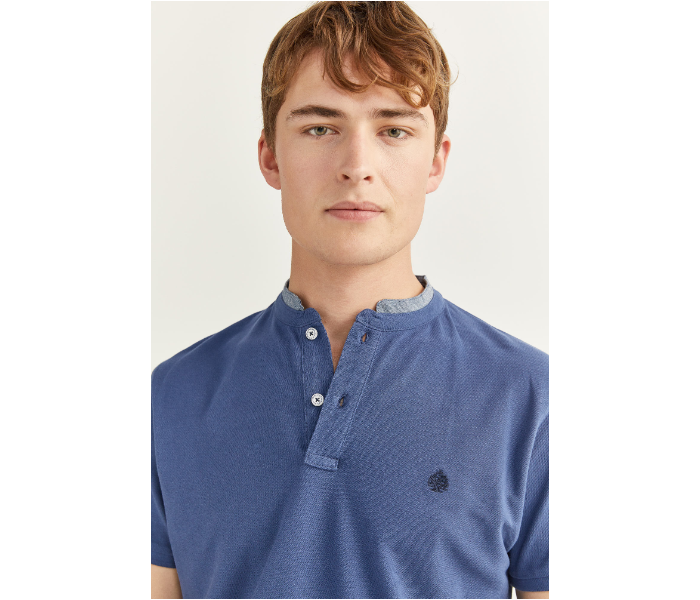 Springfield SS20 Basic Solid Slim Fit Polo T-Shirt With Double Mandarin Collar X-Small For Men – Medium Blue - Zoom Image 2