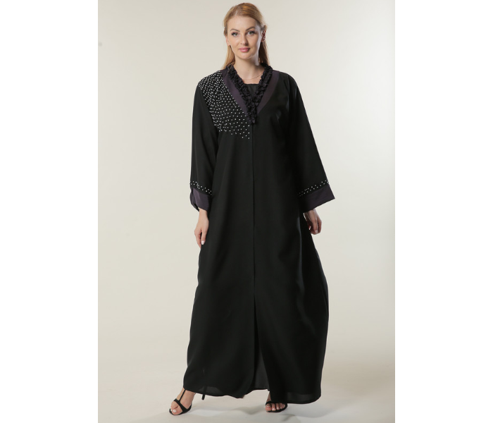 Moistreet Extra Small Black Abaya with Pleated Collar and Hand Embroidery - Zoom Image 1